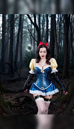 Snow White Wandering Through Enchanted Dark Forest at Night
