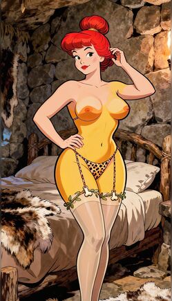 Playful Redheaded Cartoon Pin-Up Posing in Rustic Stone Bedroom