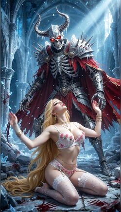 Dark Skeleton King Towers Over Enchanted Blonde Fantasy Maiden