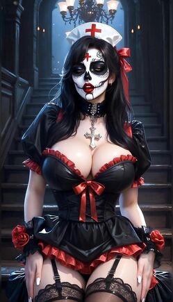 Gothic Nurse Teasing in Dark Horror Fantasy Mansion
