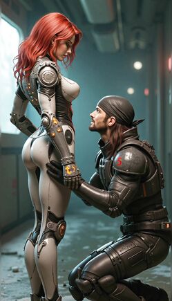 Redhead Cyborg Soldier Embraces Tactical Partner Indoors