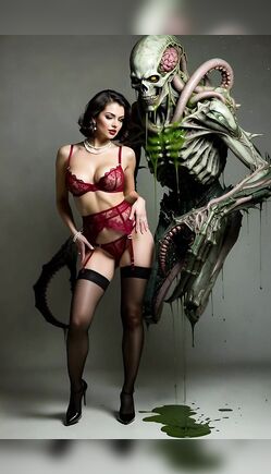 Sexy Brunette In Red Lingerie Poses With Alien Monster