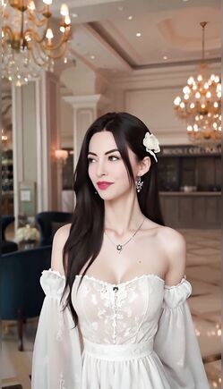 Elegant Asian Beauty In White Lace Dress At Hotel