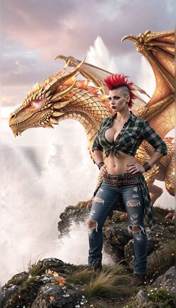 Redhead Punk Warrior Poses With Dragon On Cliffside