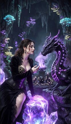 Gothic Sorceress Summons Magic With Dragon In Crystal Cave