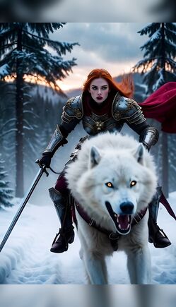 Redheaded Warrior Rides Giant Wolf Through Frozen Wilderness