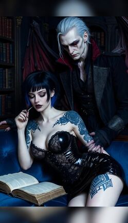 Gothic Vampire Couple Share Dark Seductive Library Encounter