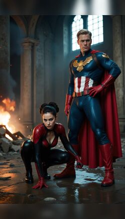 Captain America Stands Heroically Beside Agile Spider Heroine Warrior