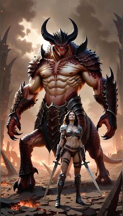 Armored Barbarian Faces Towering Horned Demon in Apocalyptic Wasteland