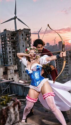 Blonde Archer in Corset Battles Zombies on Rooftop Apocalypse