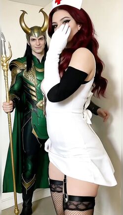 Sexy Redhead Nurse Cosplay Teases Loki in Bedroom Roleplay