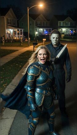 Blonde Valkyrie Warrior Stalked by Michael Myers on Halloween Night