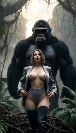 Busty Brunette in Lingerie Faces Giant Gorilla in Jungle