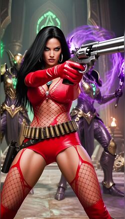 Raven Haired Gunslinger Poses Before Demon Warriors and Portals
