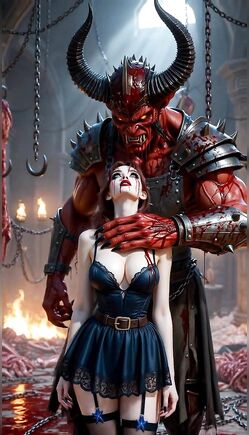 Horned Demon Warlord Towers Over Brunette in Hellish Dungeon