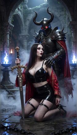 Horned Dark Knight Looms Over Kneeling Leather Sorceress Dungeon