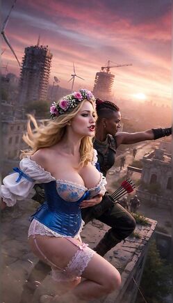 Blonde Huntress and Warrior Pose on Post-Apocalyptic Rooftop Sunset