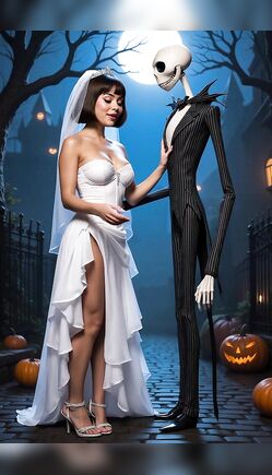 Brunette Bride Dances With Skeleton Groom on Halloween Night