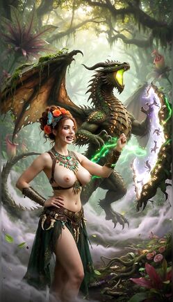 Topless Forest Sorceress Channels Magic With Emerald Dragon Companion