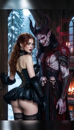 Redhead Beauty Embraces Horned Demon Lord in Snowy Gothic Castle