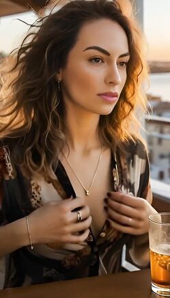 Brunette Woman Flashes Breasts at Sunset Rooftop Cafe Bar