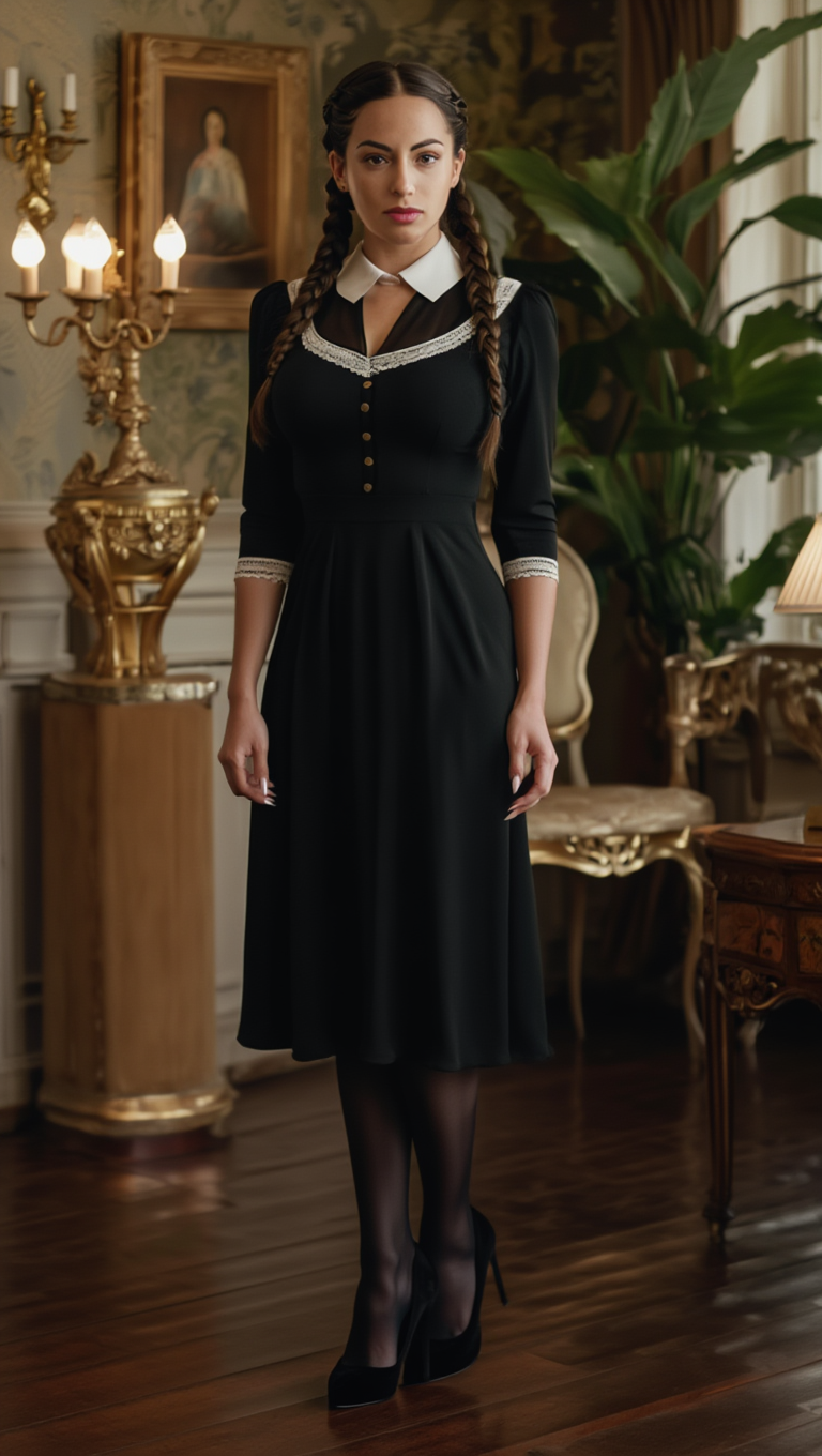 Victorian Silence: Braided Brunette in Classic Gothic Interior