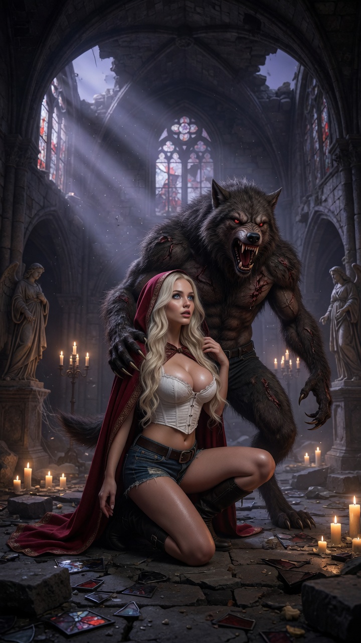 Blonde Red Riding Hood Kneels Before Massive Werewolf