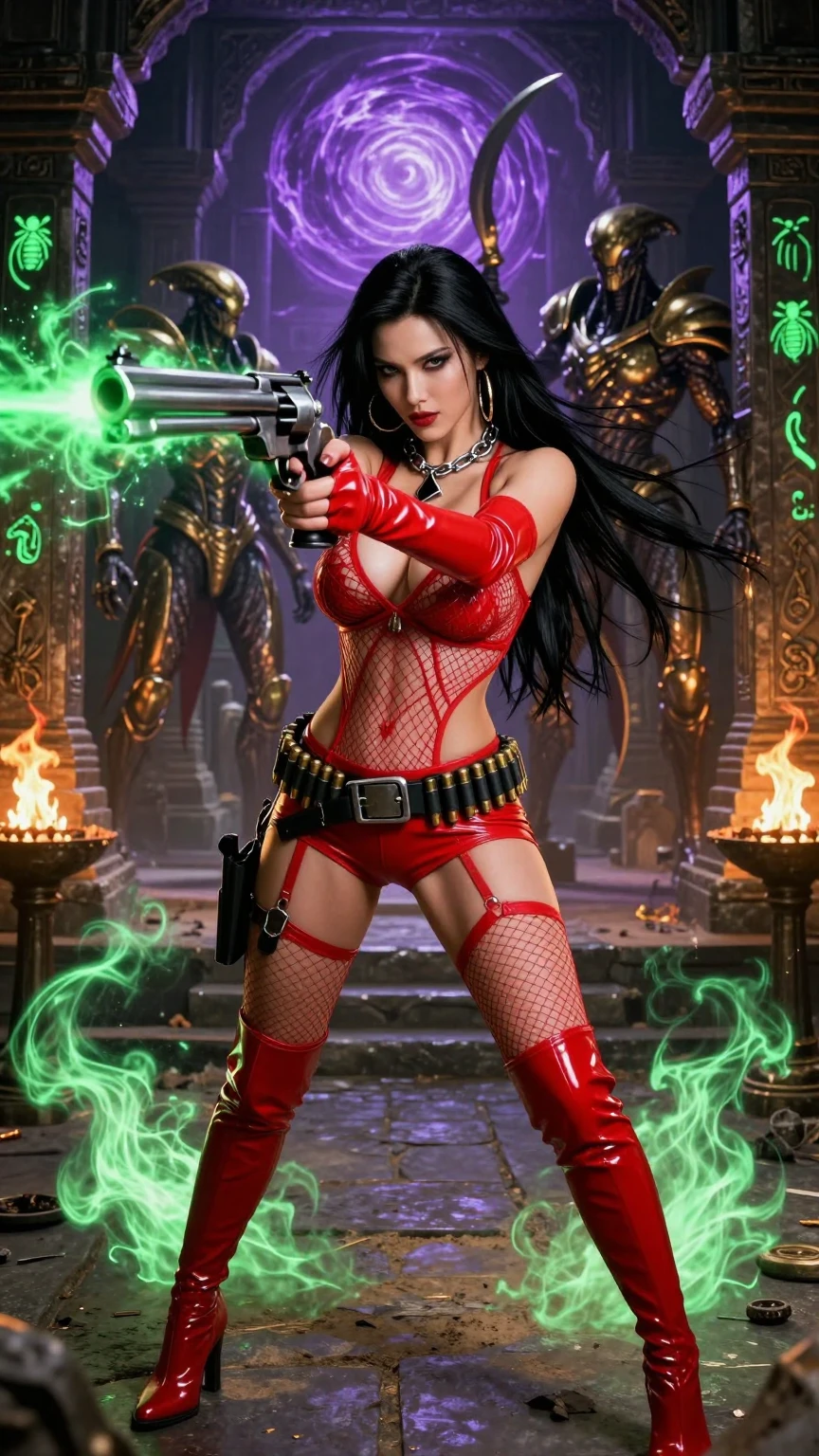 Red Fishnet Warrior Aiming Revolver in Temple