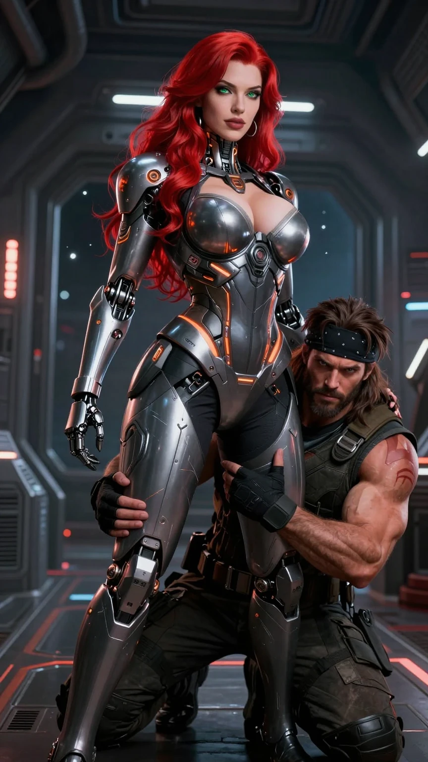 Redhead Cyborg Dominance in Spaceship Corridor