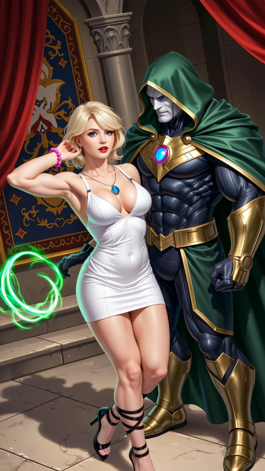 Blonde in White Dress with Doctor Doom