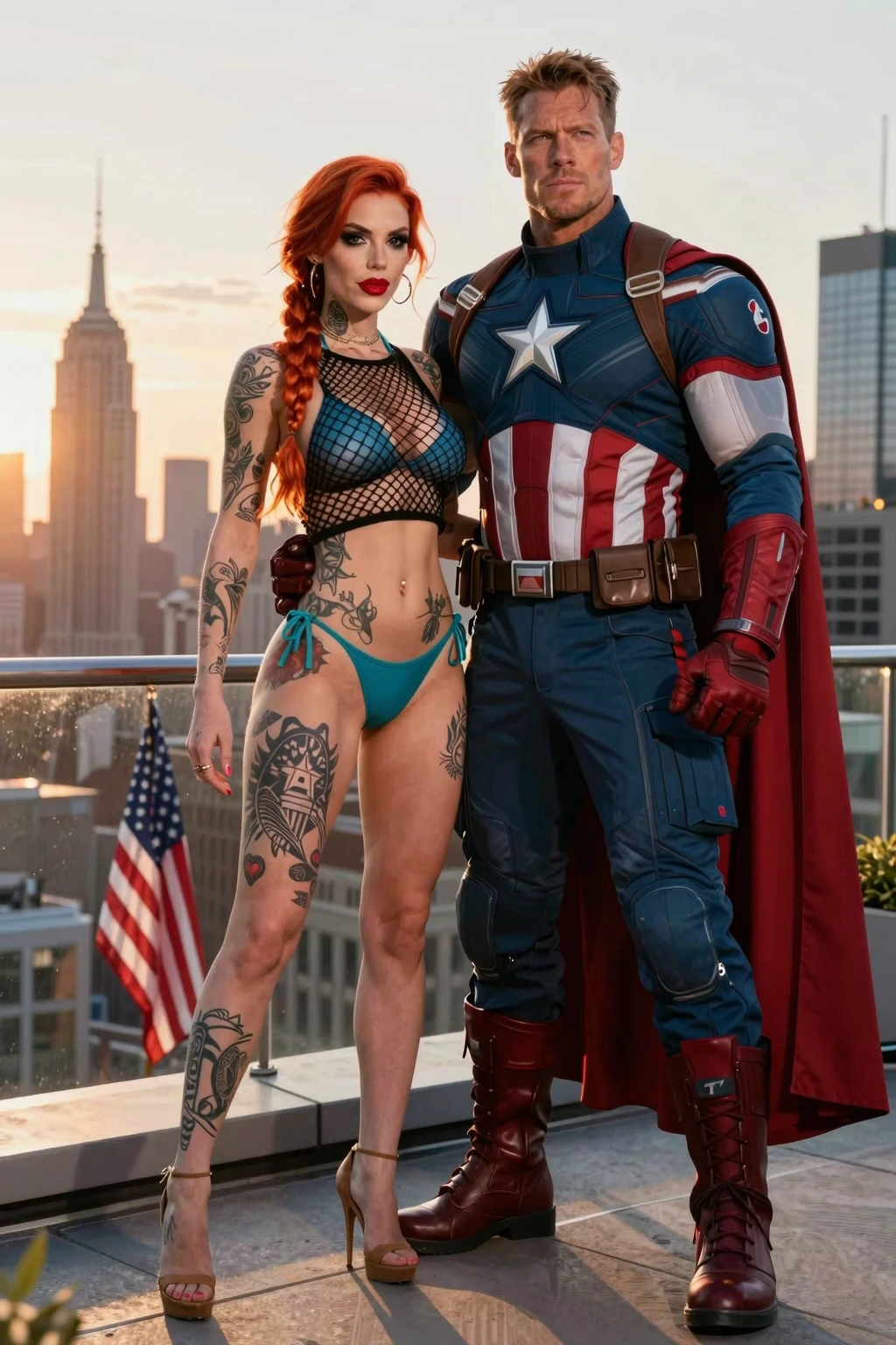 Redhead and Captain America Rooftop Duo