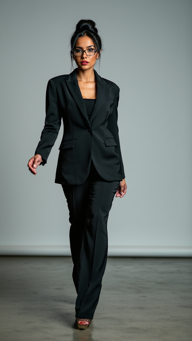 Power and Seduction: Brunette in Black Elegance and Glasses