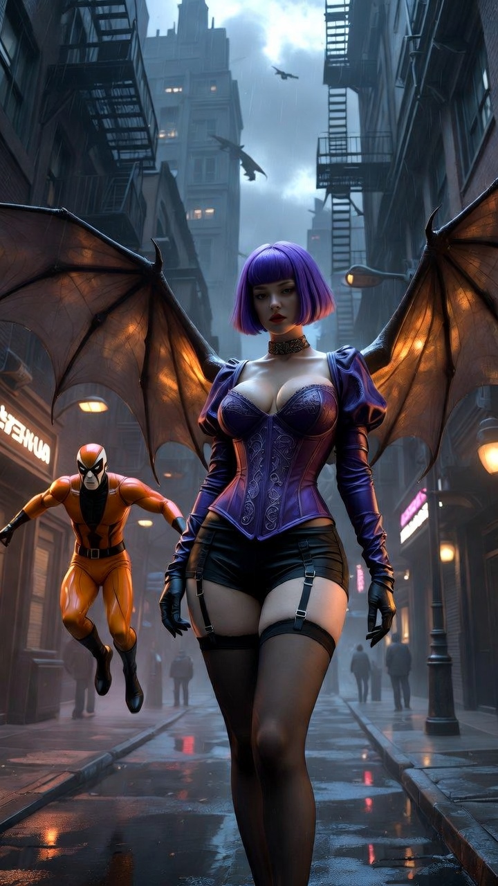 Neon Gothic Alley with Winged Femme Power