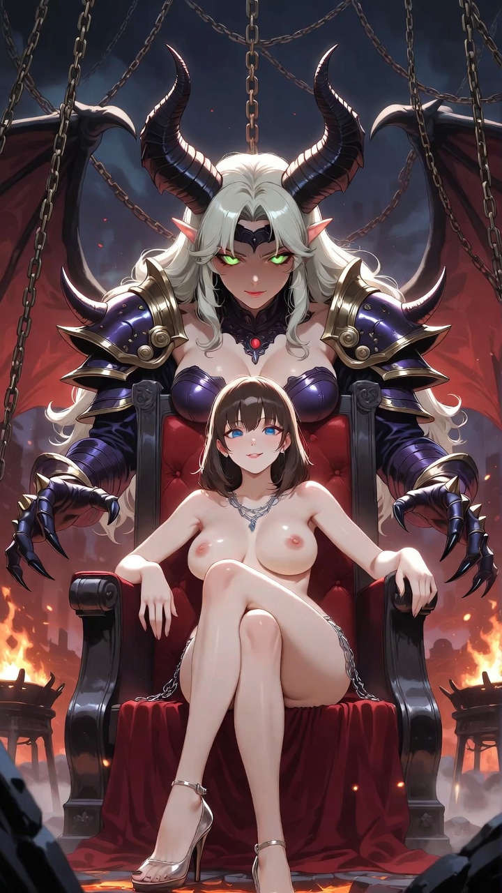 Nude Brunette and Demonic Hell Queen Guardian