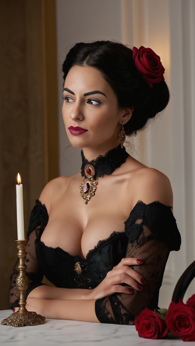 Black Rose Elegance: Victorian Muse in Candlelit Ballroom