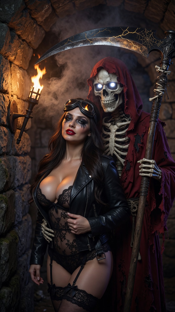 Brunette Seductress with Grim Reaper