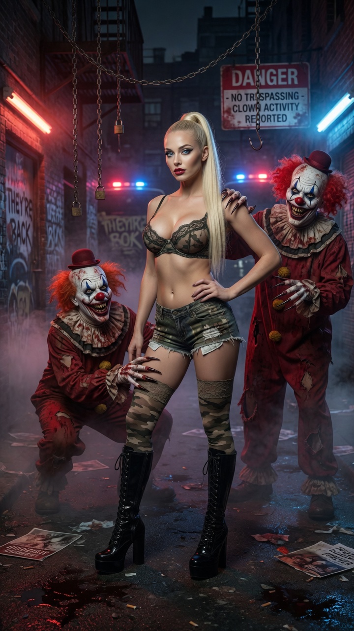 Blonde Beauty Surrounded by Clowns