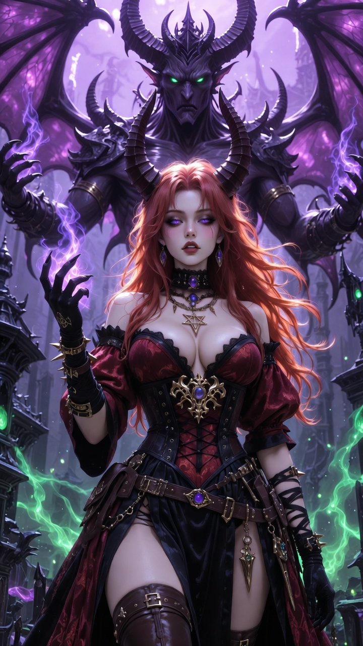 Crimson Sorceress Before Demonic Warlord Throne