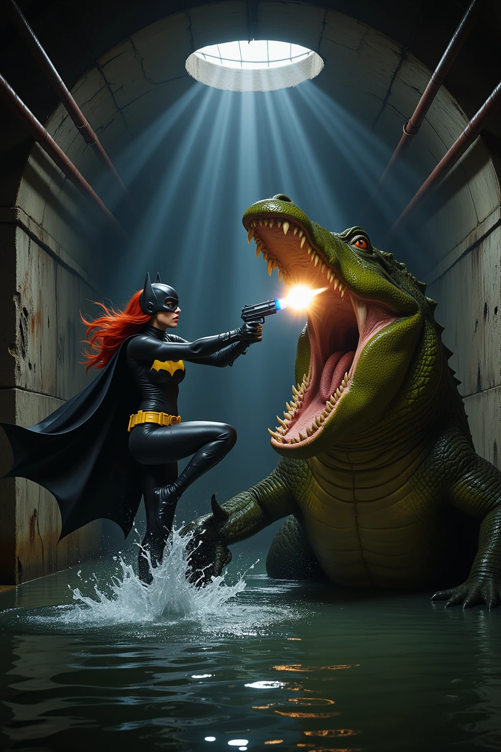 Batgirl vs Giant Crocodile in Sewer