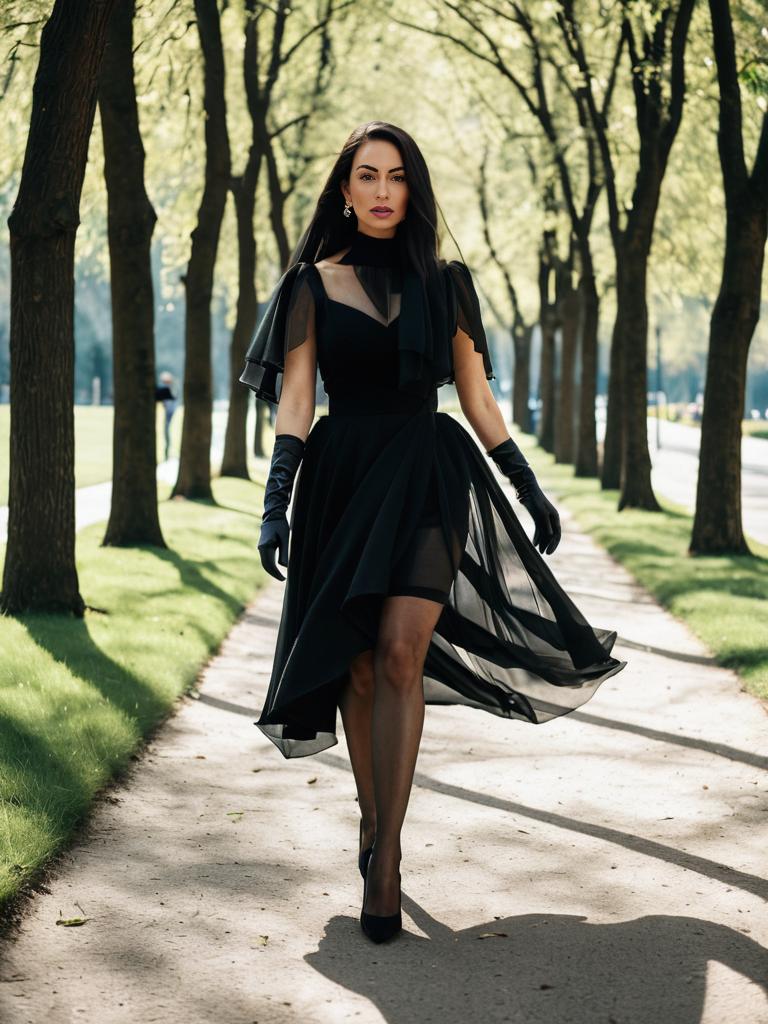 Elegant Brunette in Flowing Black Dress: Sunlit Park Stroll