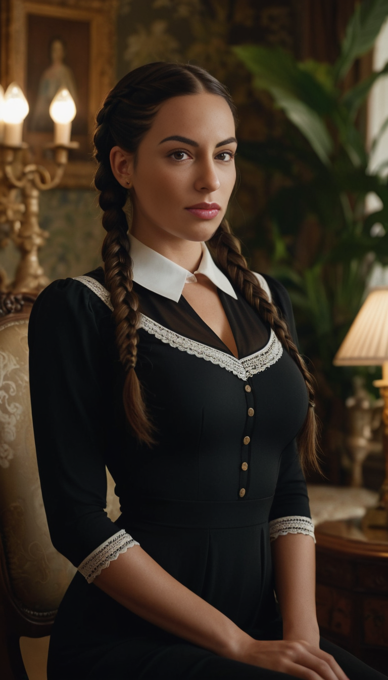 Victorian Silence: Braided Brunette in Classic Gothic Interior