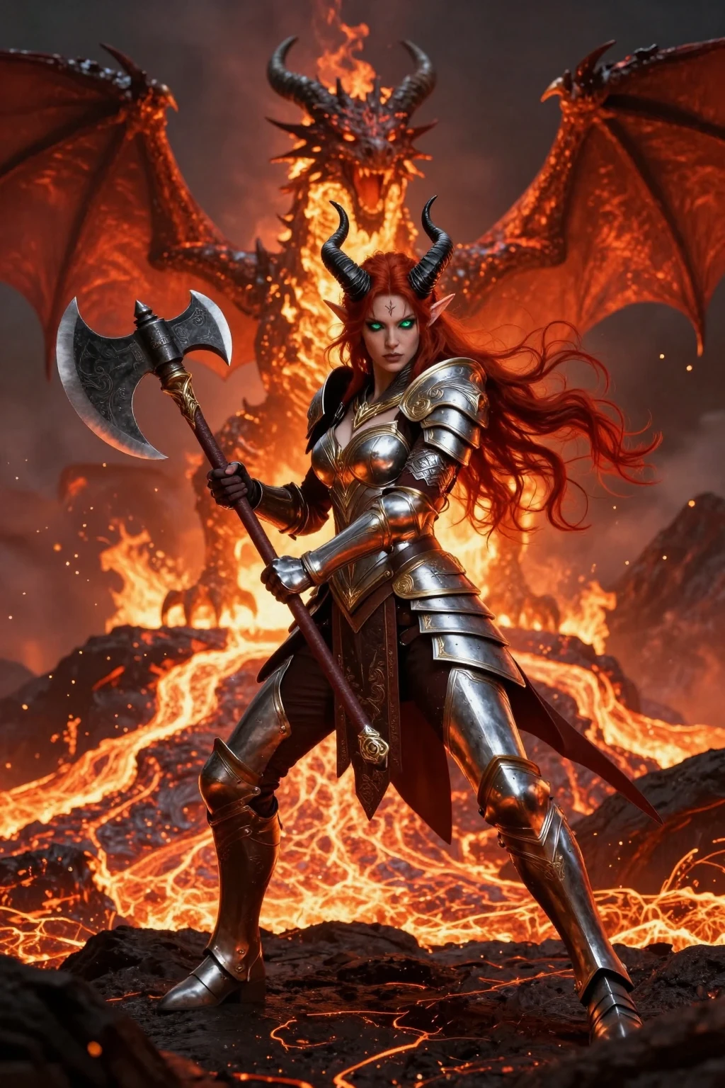 Horned Redhead Elf Warrior in Lava Realm