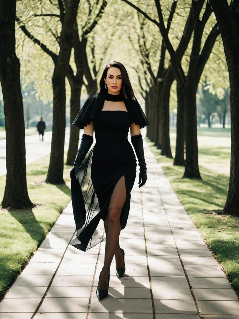 Elegant Brunette in Flowing Black Dress: Sunlit Park Stroll