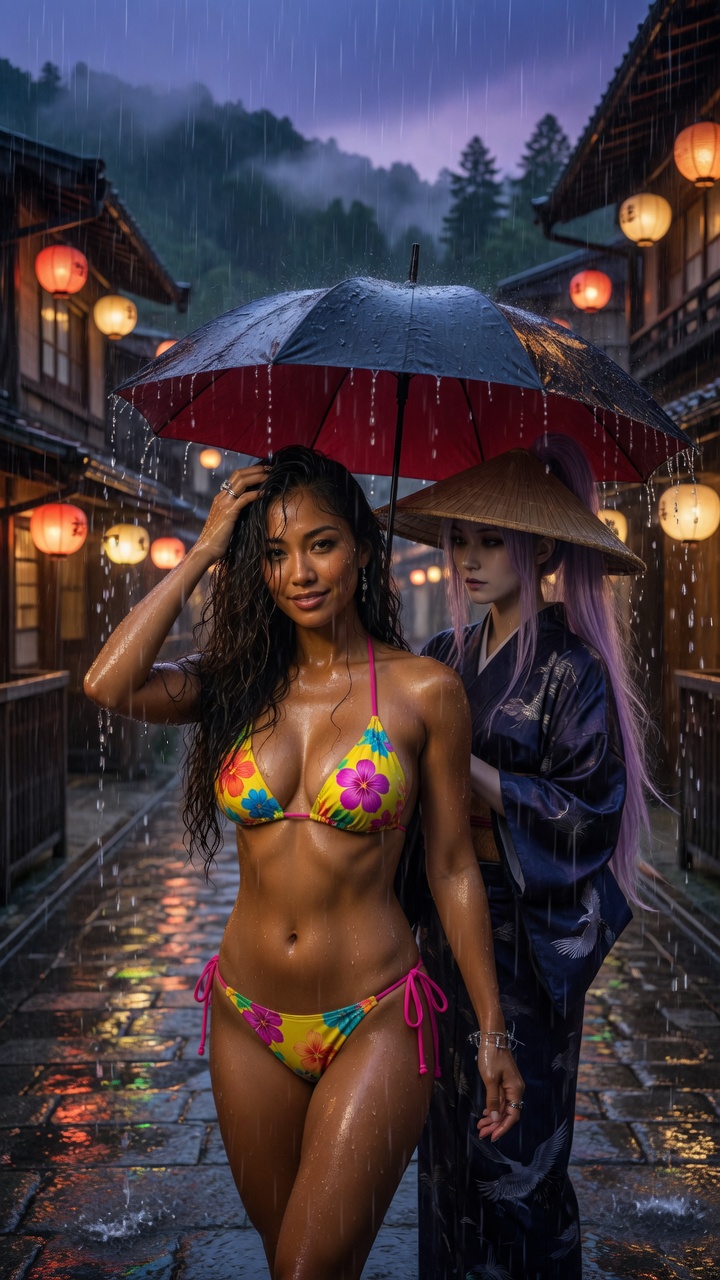Bikini Beauty in Japanese Rain with Umbrella