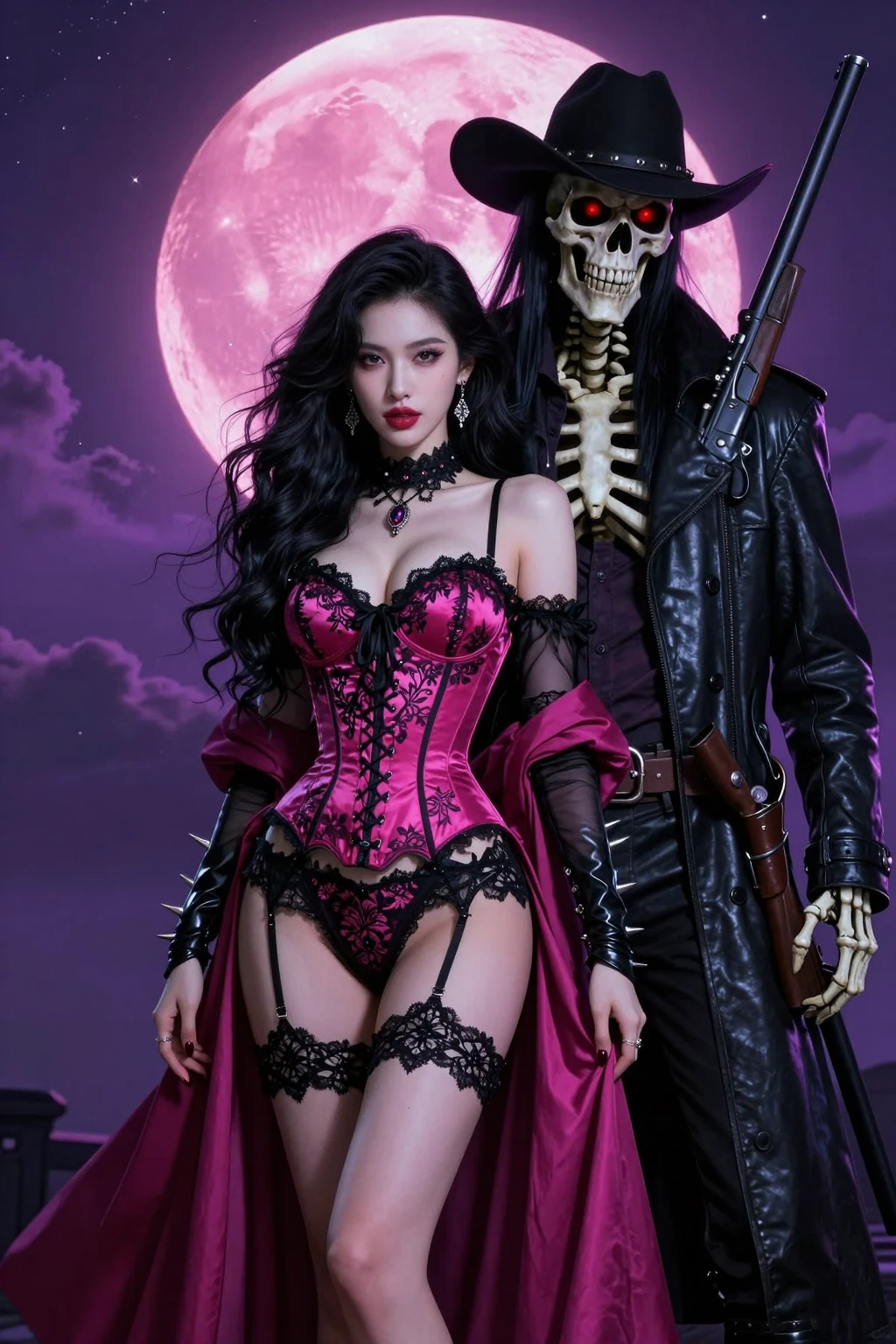 Gothic Vampire Queen and Undead Gunslinger Pink Moon Series