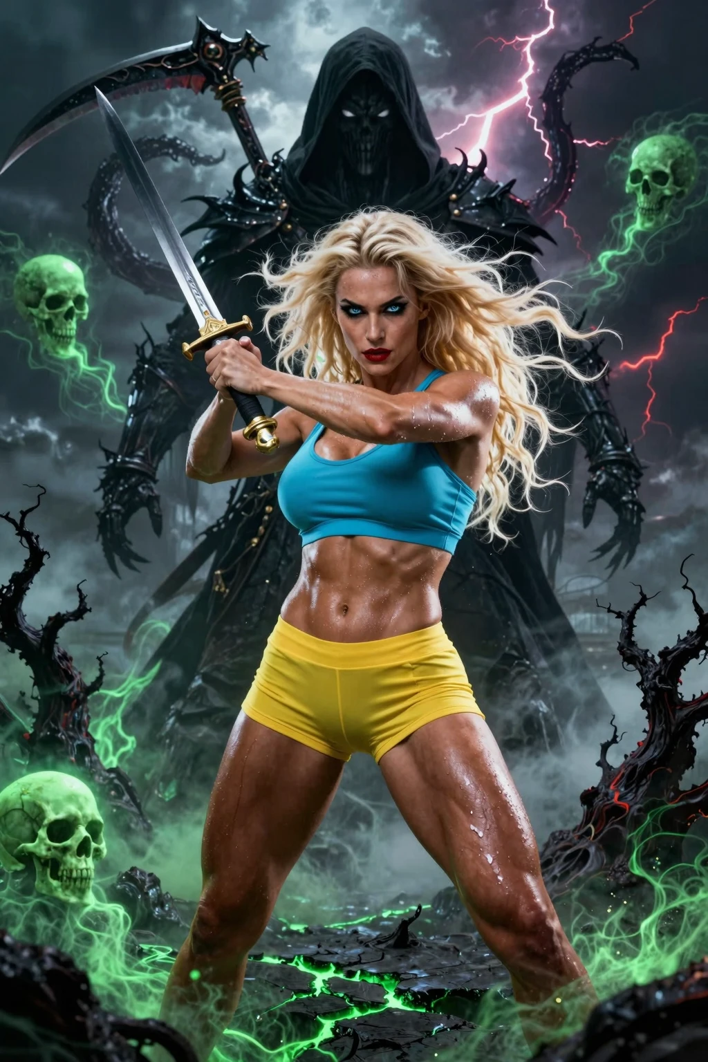 Blonde Warrior Facing Shadow Reaper in Hellscape