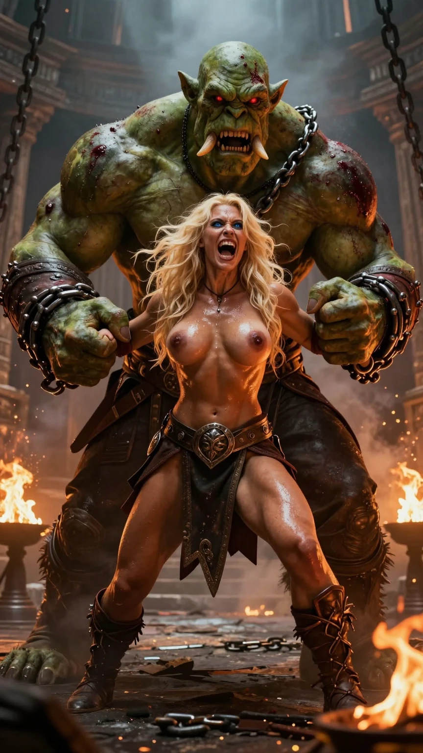 Massive Orc Crushes Blonde Warrior in Fiery Arena