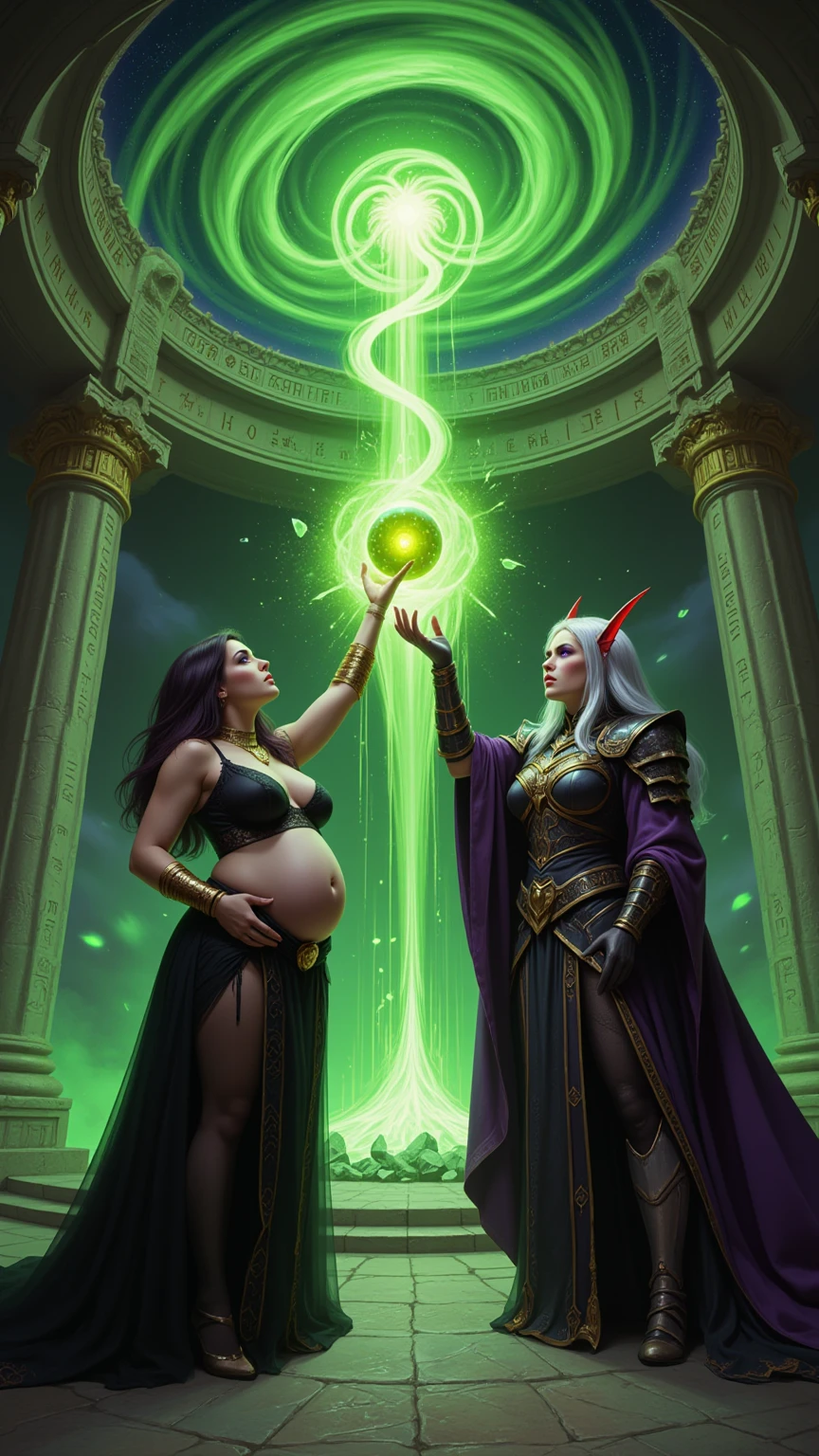 Dark Sorceress and Elf Mage Channeling Green Magic