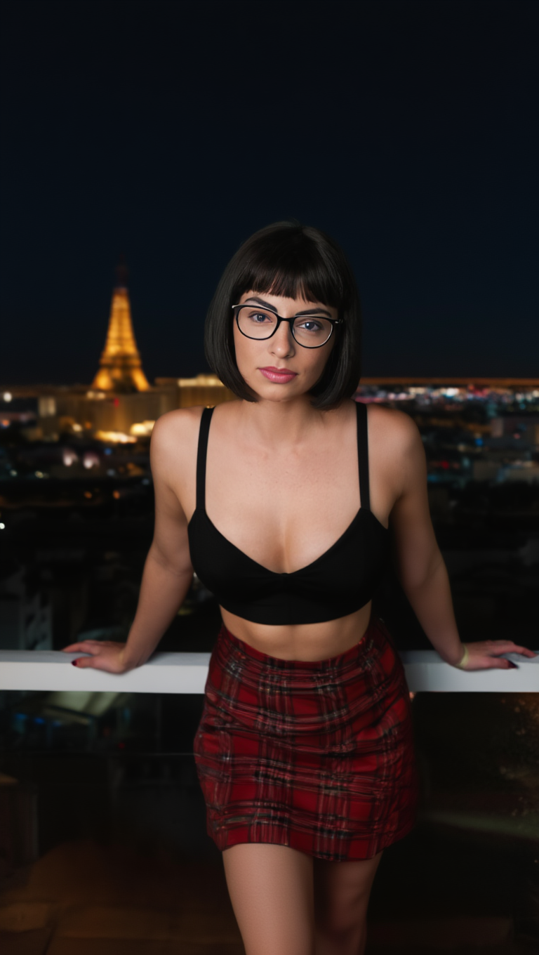Night City Rooftop Portraits with Brunette in Glasses