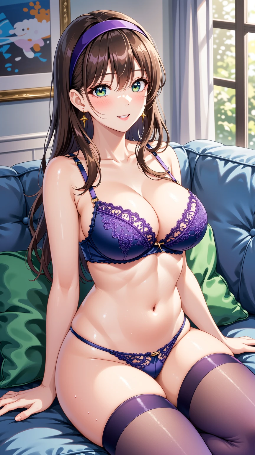 Confident Violet Lace Beauty on Modern Couch